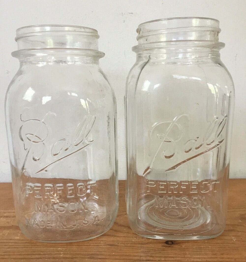 Pair 2 Vtg 50s 60s Ball Perfect Mason Clear Glass Canning Preserving Jam Jars 7"
